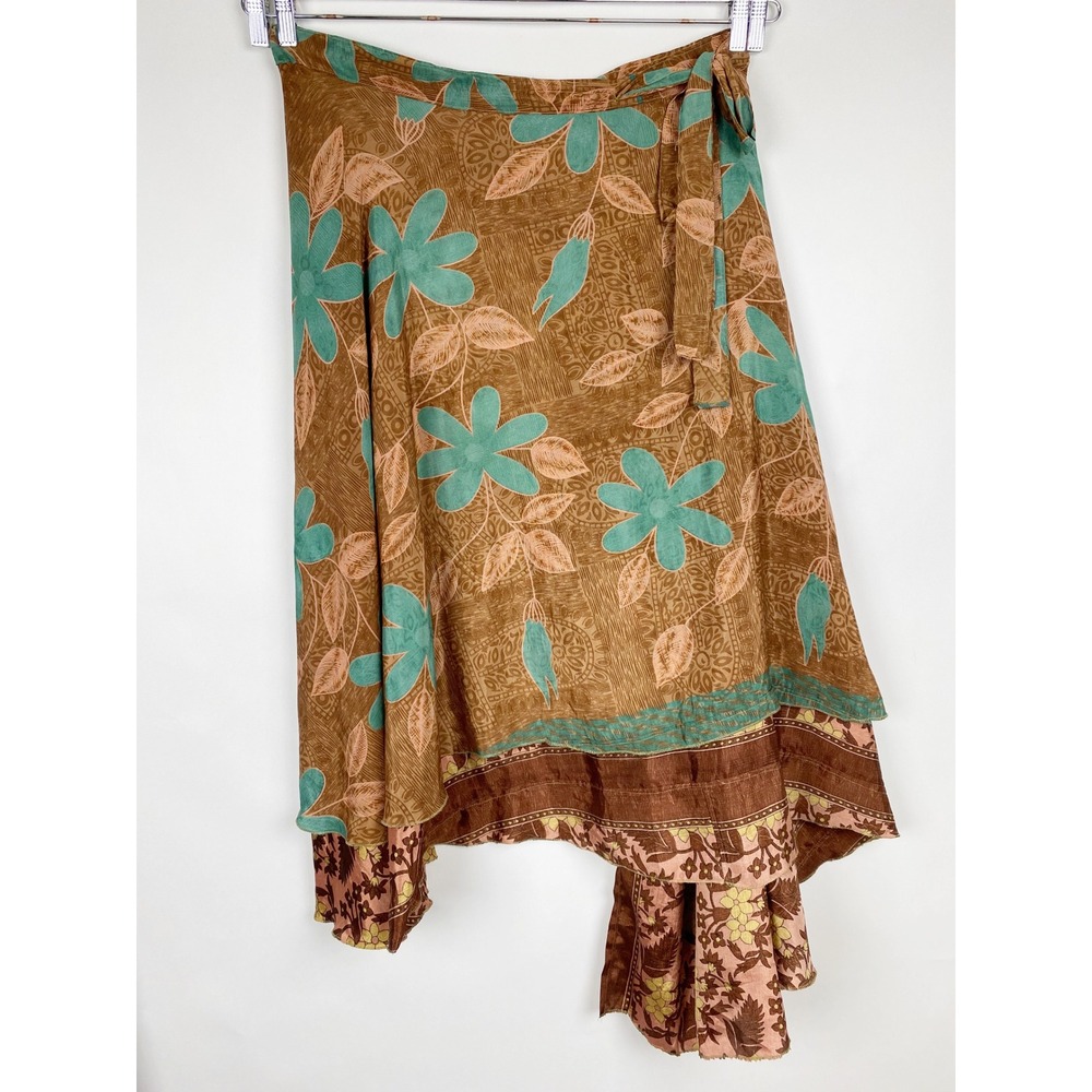 Darn Good Yarn Sari Silk Reversible Floral Wrap Skirt Womens XL Ankle Brown Teal